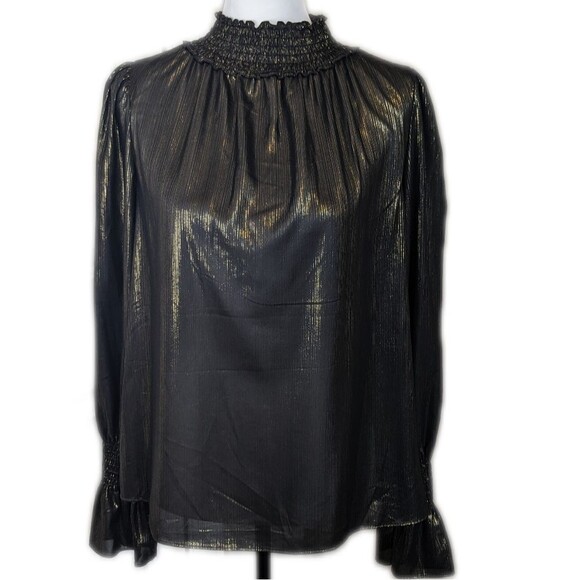 Worthington black/gold metallic shiny puffed long-sleeved turtleneck blouse M - Picture 1 of 6
